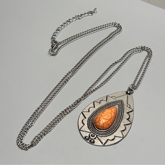 Jewelry - Long Silver Tone Orange Accent Stone Teardrop Necklace